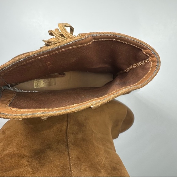 DV Dolce Vita Boots Womens 7.5 Fringe Booties Brown Leather Peep Toe Heeled Boho - Picture 8 of 12